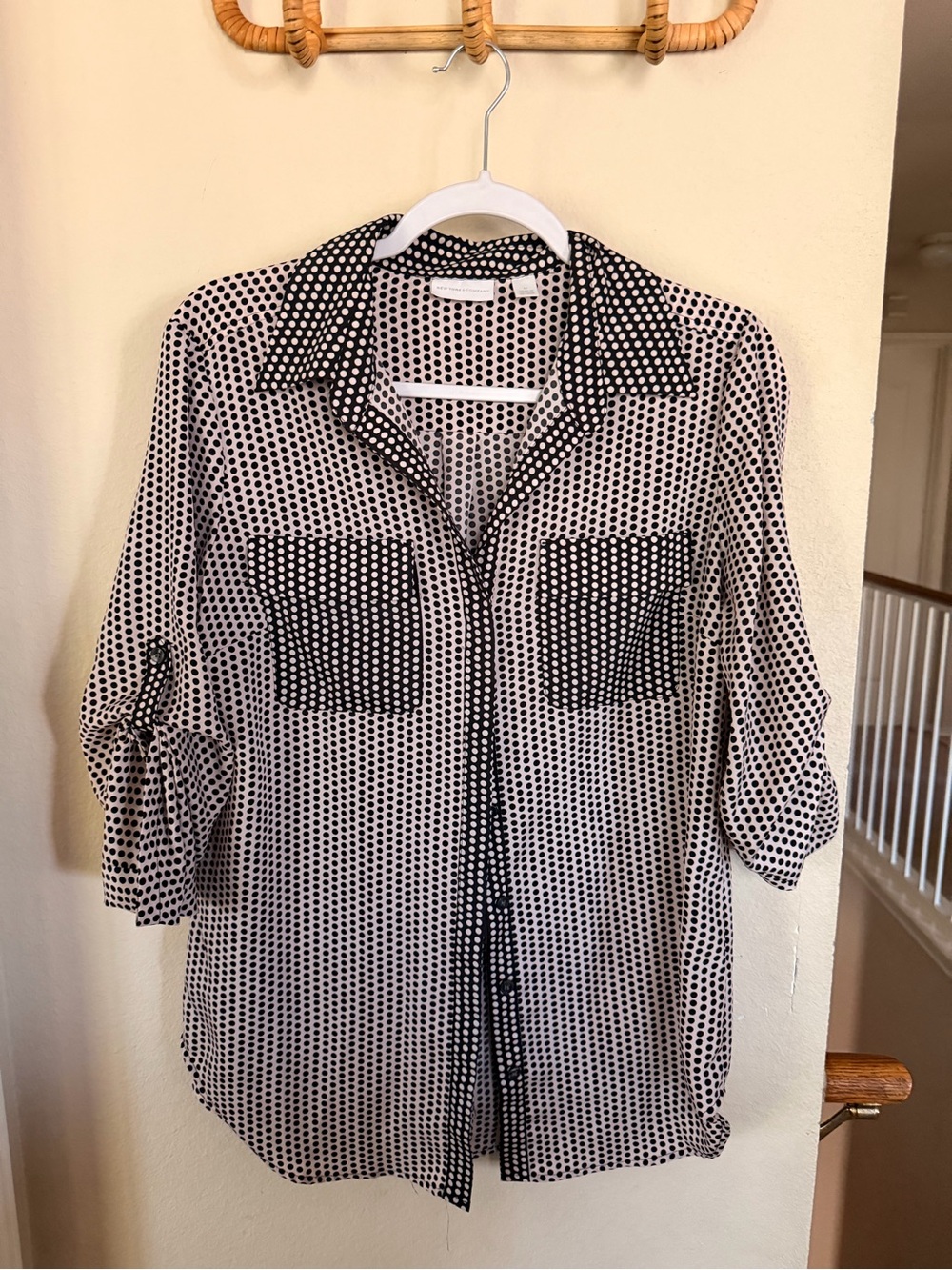 New York & Company Black Dot-Print Button Front Shirt